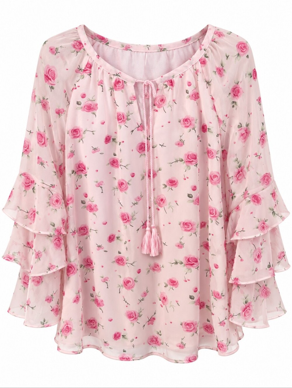 Women's Pink Floral Tassel Peasant Blouse